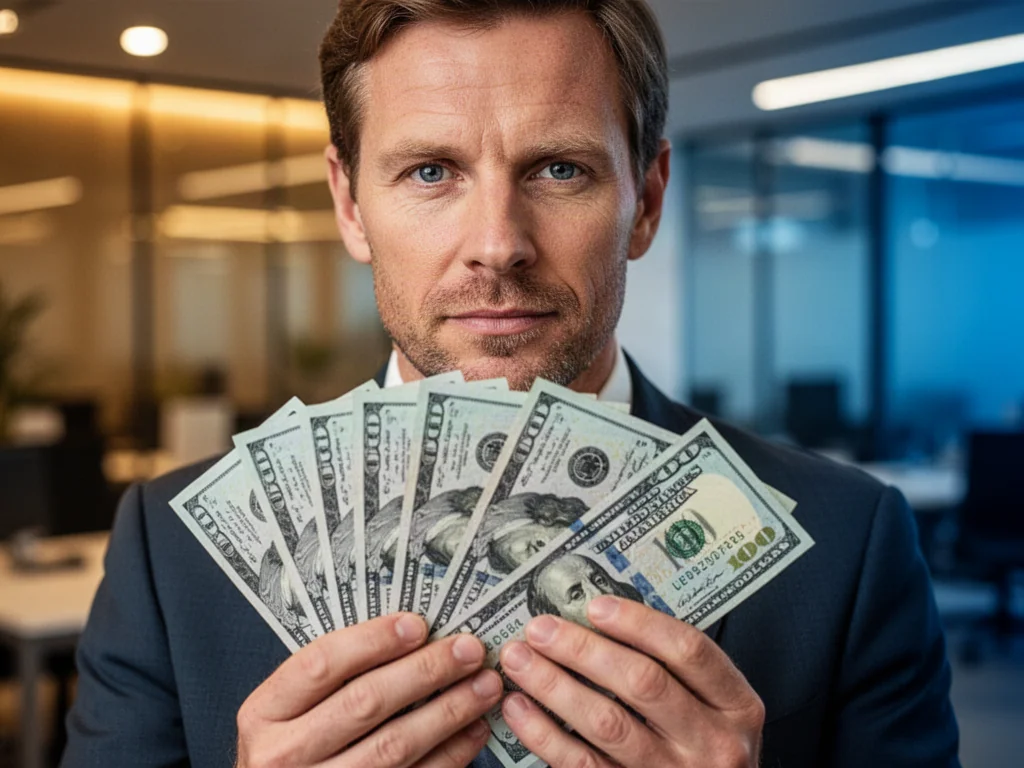 Mężczyzna trzymający w dłoniach nowe banknoty dolarowe na tle nowoczesnego biura.
