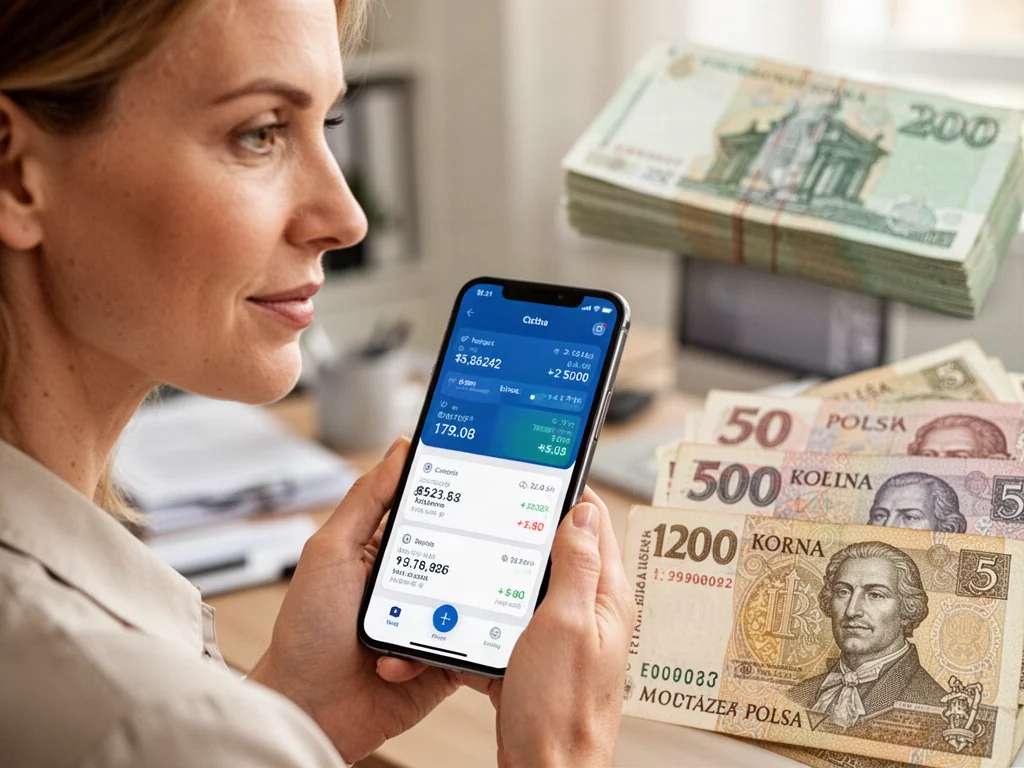 Kobieta trzymająca smartfon z aplikacją do przeliczania walut na tle banknotów czeskich koron i polskich złotych.