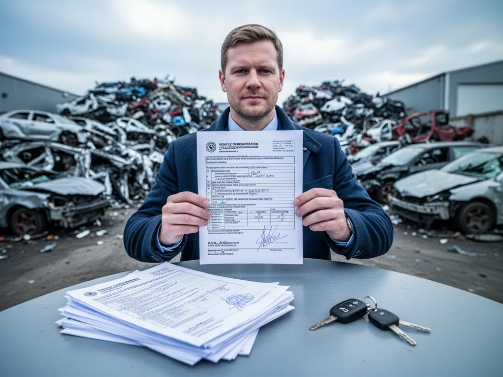 Mężczyzna trzyma dokument wyrejestrowania pojazdu na tle złomowiska, co symbolizuje formalne zakończenie procesu złomowania.