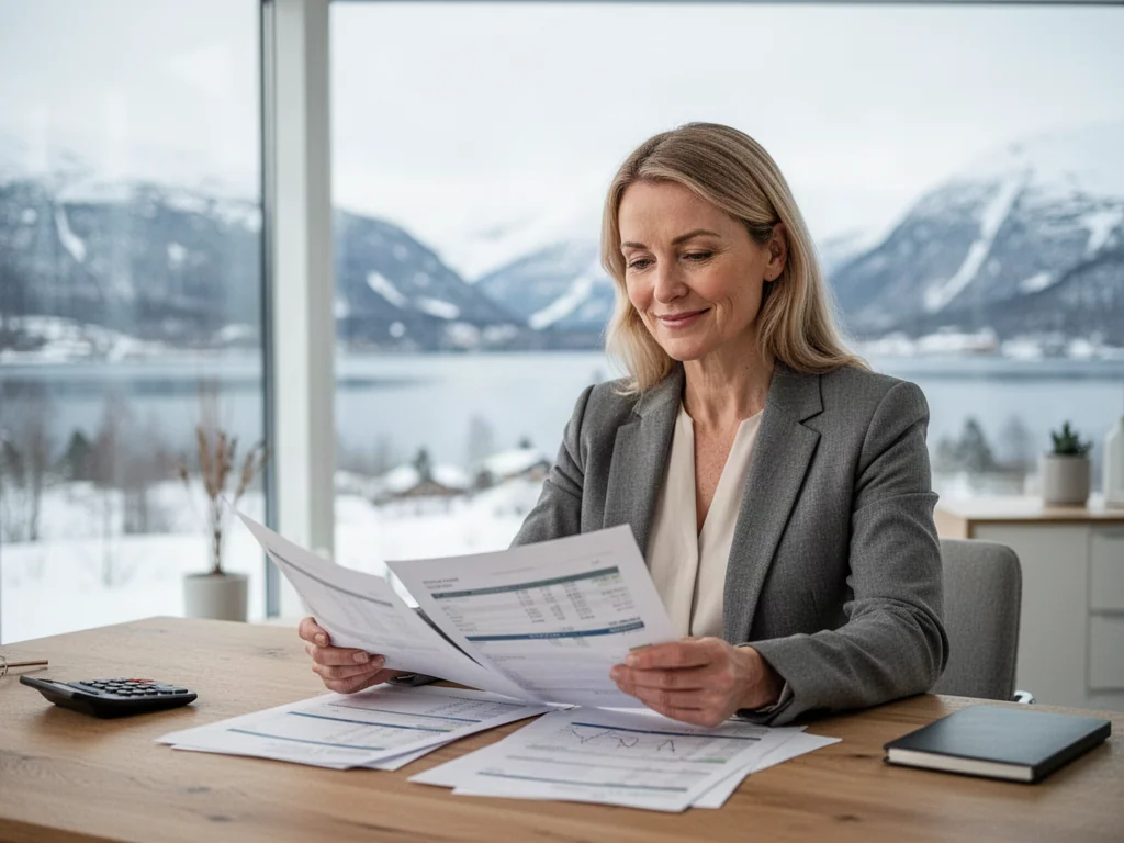 Kobieta przeglądająca dokumenty finansowe w jasnym biurze z widokiem na norweski fiord, symbolizująca planowanie emerytury.