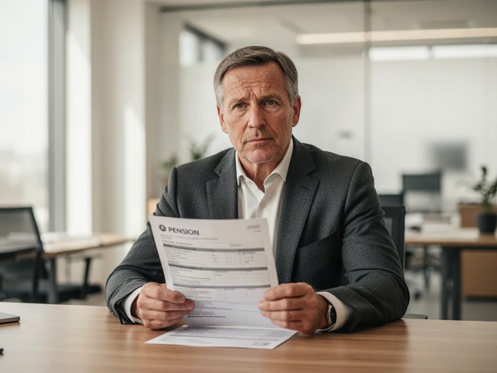 Mężczyzna w średnim wieku analizujący dokumenty emerytalne przy biurku w nowoczesnym biurze.